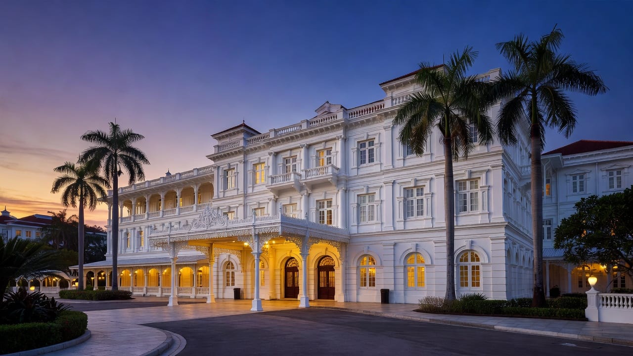 Raffles Hotel Singapore facade at dusk